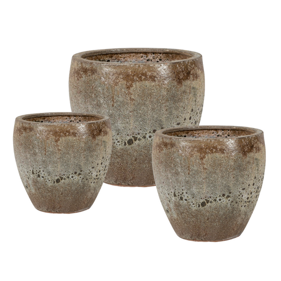 Round Pot Ceramic Antique Brown Color Set of 3