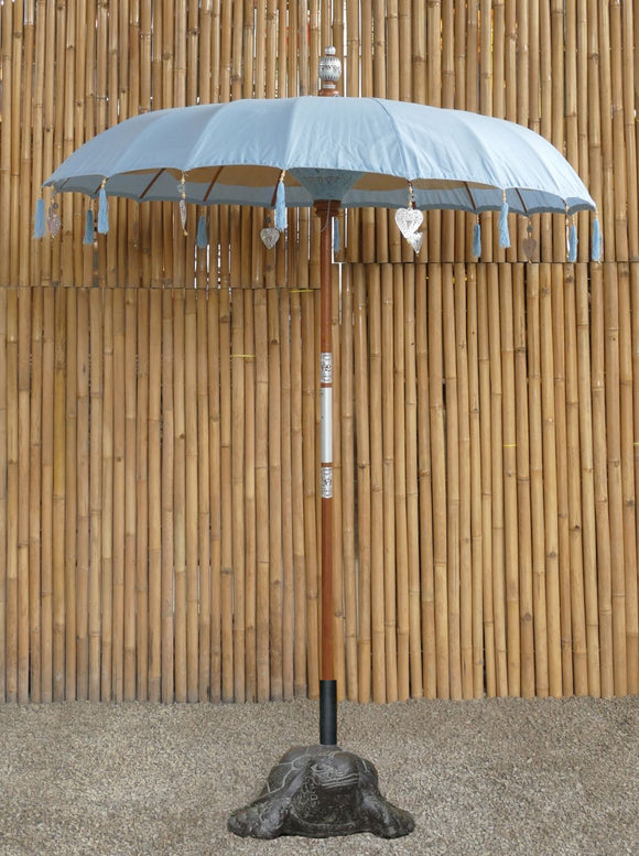 Bali Umbrella Sky Blue With Metal Coins And Golden Hearts With Turtle Umbrella Stand