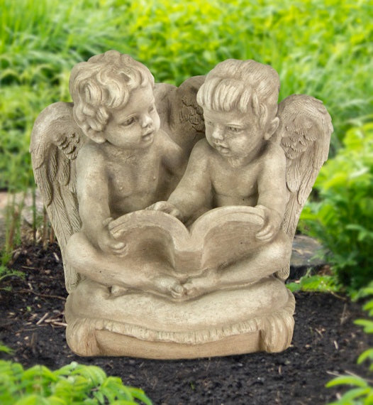 Li'l Angels Reading On Pillow Cast Stone Garden Statue Pompeii Ash Finish