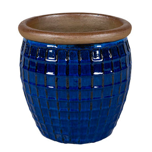 Lipped Round Grid Patterned Pot Ceramic Glazed Blue Dortmund 4-03B Set of 3 