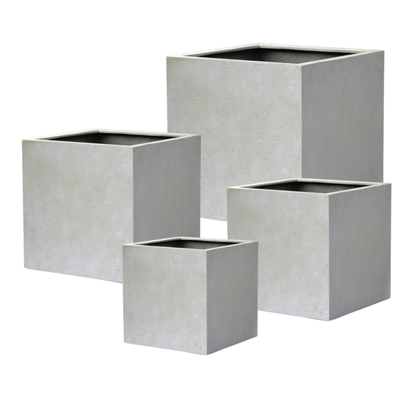 Cube Fiberglass Pot Antique White Color Set of 4