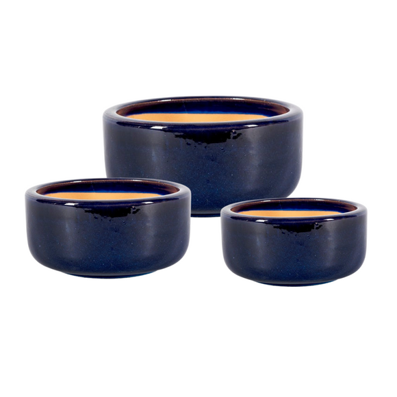 Wide and low Bowl Pot Ceramic Blue Color Set of 3