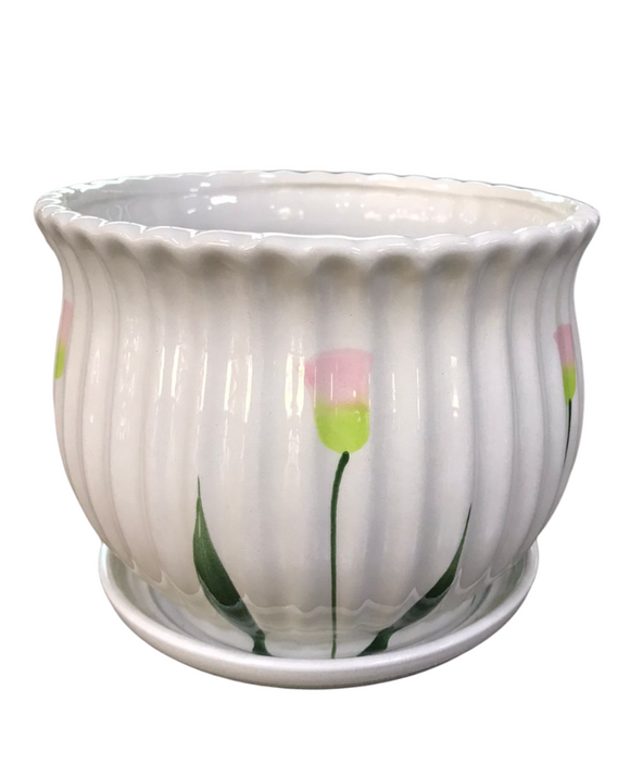 White Ceramic Tabletop Pot with Floral Finishing and Tray Height 15cm