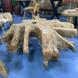 Teakwood Root Round Coffee Table With 2 Teakwood Root Bench Set 1