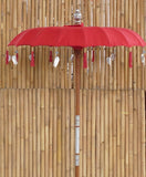 Bali Umbrella Chinese Red With Metal Coins And Silver Hearts 130cm Diameter