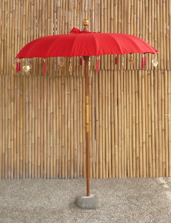 Bali Umbrella Chinese Red With Metal Coins And Golden Hearts 190cm Diameter