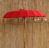 Bali Umbrella Chinese Red With Metal Coins And Golden Hearts 190cm Diameter