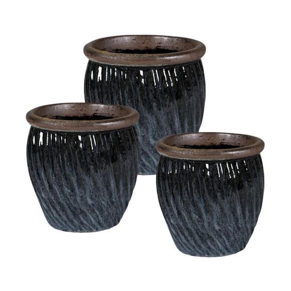 Lipped Round Ceramic Pot  Misty Black Color Set of 3