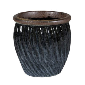 PFP3032 Lipped Round Curving Stripes Pot Ceramic Glazed Dortmund Misty Black Height 40cm Length 40cm