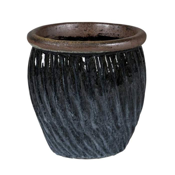 PFP3032 Lipped Round Curving Stripes Pot Ceramic Glazed Dortmund Misty Black Height 40cm Length 40cm