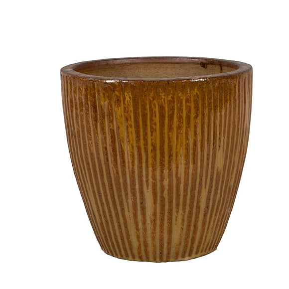 PFP1021 Round Ceramic Pot With Vertical Striped Design Bremen Ochre Height 25cm Diameter 25cm