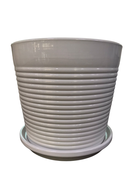 White Ceramic Tabletop Vase With Horizontal Stripe Design Height 16cm
