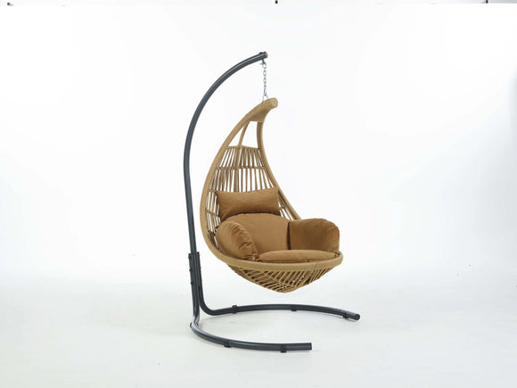 Hera 1-Seater Hanging Swing Chair With Metal Stand And Pillows, Cappuccino & Cappuccino Color