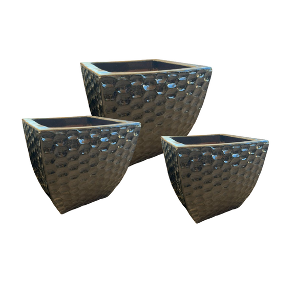 Square Waffle Weave Low Ceramic  Pot  Black Color Set of 3