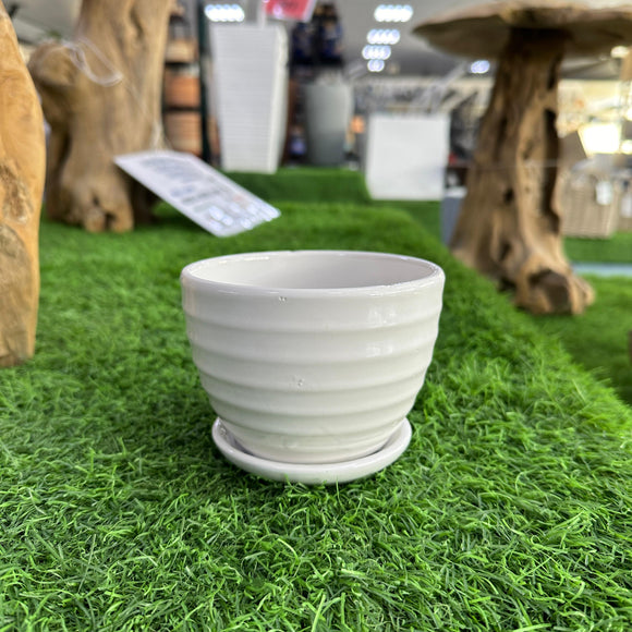 White Ceramic Tabletop Pot Horizontal Stripe with Tray Height 12cm