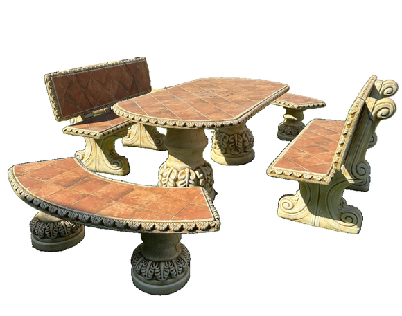 Bizantino Red Mosaic Oval Table Set with 2 Backrest Benches and 2 Curved Benches Ocre CM12E