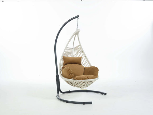 Hera 1-Seater Hanging Swing Chair With Metal Stand And Pillows, Cream & Cappuccino Color