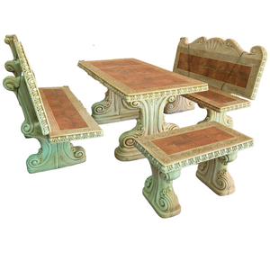 Comedor Persa Red Mosaic Concrete Garden Table Set with 2 Ornate Back Rest Benches and 2 Benches Outdoor Furniture Set Ocre CM47E