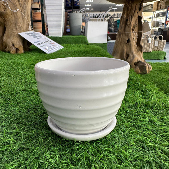 White Ceramic Tabletop Pot Horizontal Stripe with Tray Height 14cm