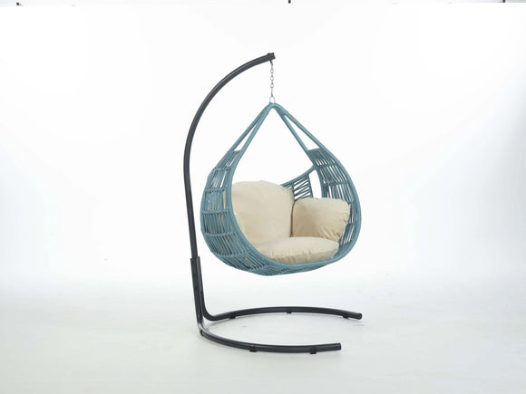Ares 1-Seater Hanging Swing Chair With Metal Stand And Pillows, Baby Blue & Light Grey Color