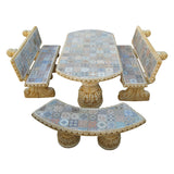 Comedor Hidraulico Blue Mosaic Garden Table Set with 2 Back Rest Benches and 2 Curved Benches Outdoor Dining Set