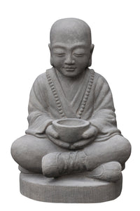 Sitting monk with bowl casted lavastone 54cm height FST SM050BAF