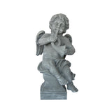 Cherub Angel with Flute Sitting on Pedestal