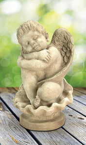 Li'l Angel On Seashell Cast Stone Garden Statue Pompeii Ash Finish