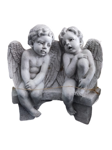 Li'l Angels Talking on Bench Cast Stone Garden Statue Pompeii Ash Finish