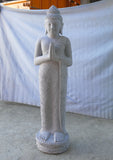 Standing buddha greeting natural riverstone statue with floral carving 125cm height