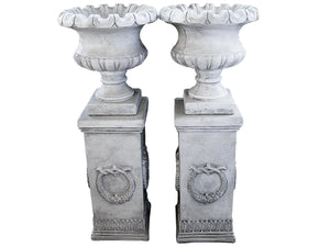 Pair of Regent Scallop Urn with Wreath Cast Stone Pedestal