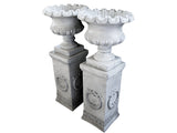 Pair of Regent Scallop Urn with Wreath Cast Stone Pedestal