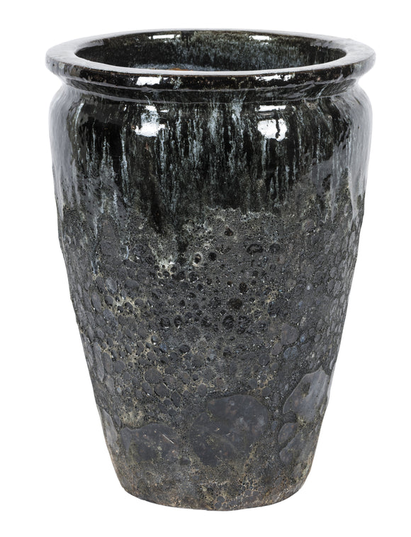 Tall Lipped Ceramic Pot Misty Black Glazed And Ancient Finish G376 Set of 2